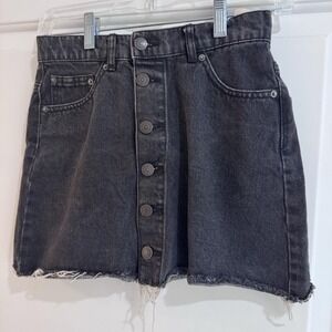 Pull&Bear Black Button Front Denim Mini Skirt Raw Hem Size 26